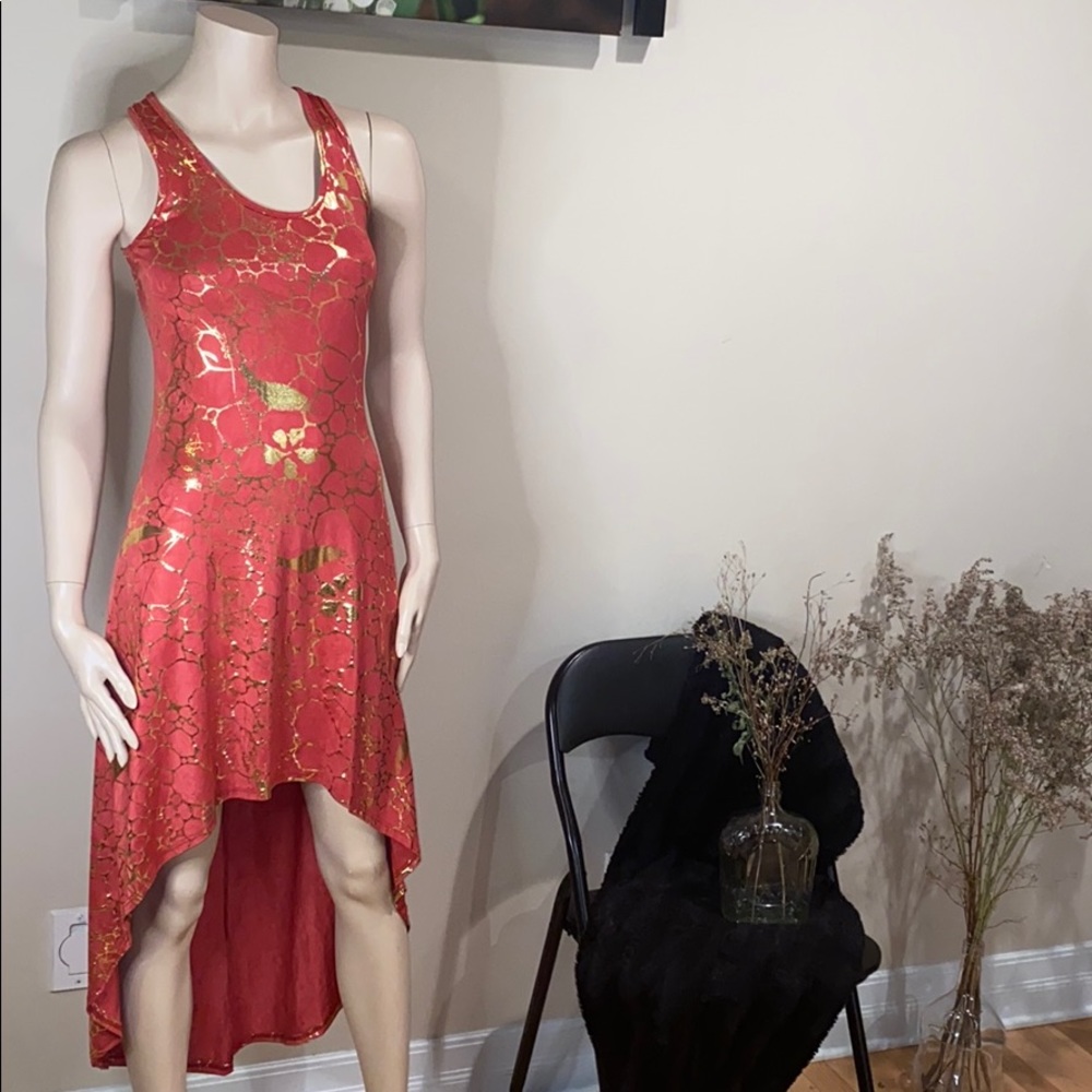 Coral pink high low dress with golden marbles